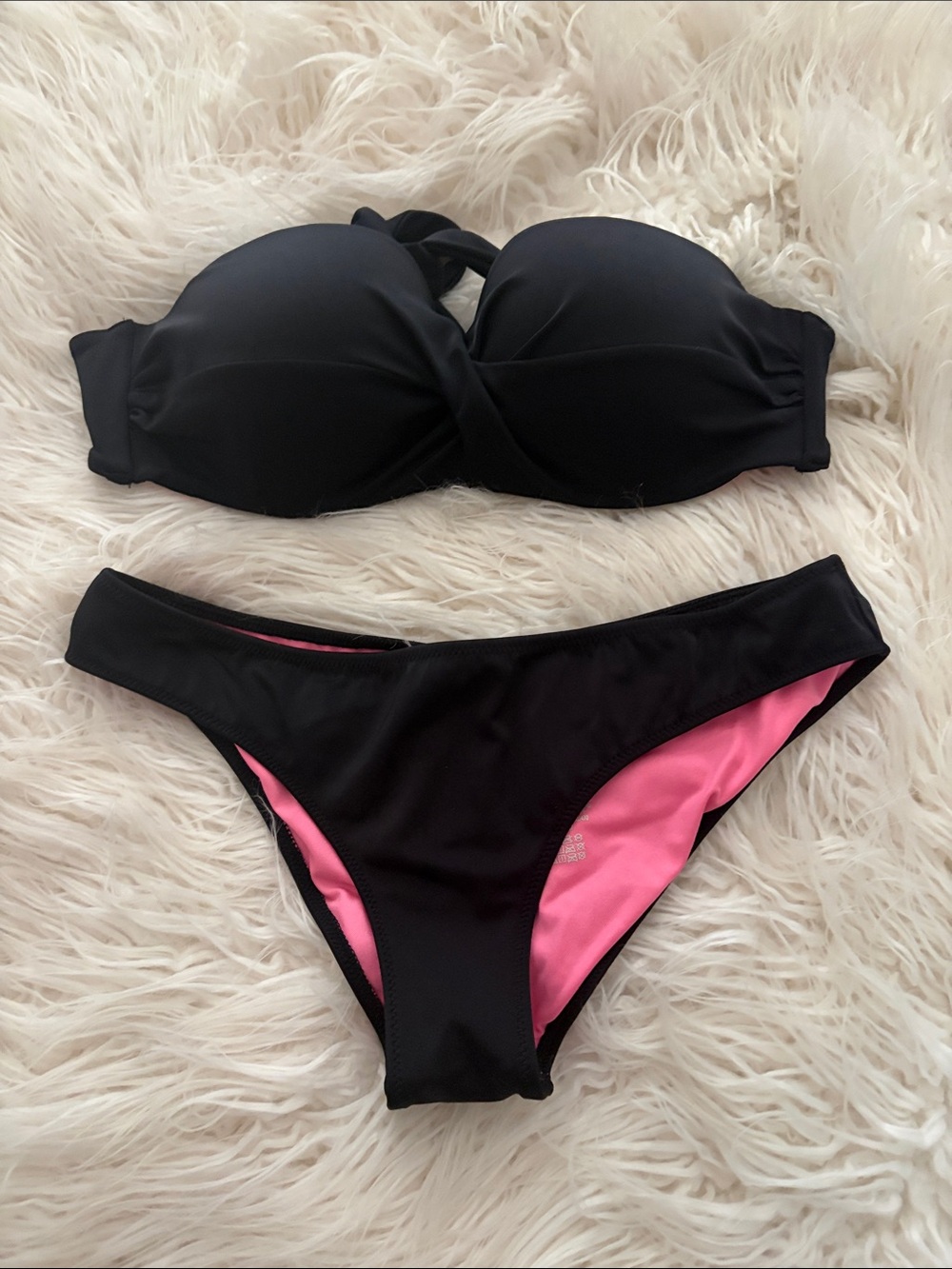 PINK Victoria's Secret Black Bandeau Bikini with Pink Lining